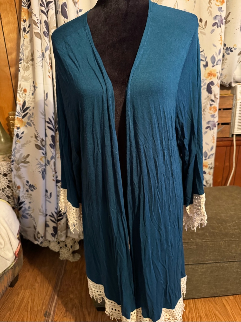 Rouge Helium Blue Open Front Kimono With Lace